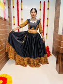 Navratri Special Black & Mustard Printed Chaniya Choli with Mirror Work