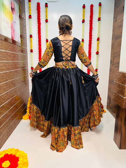 Navratri Special Black & Mustard Printed Chaniya Choli with Mirror Work