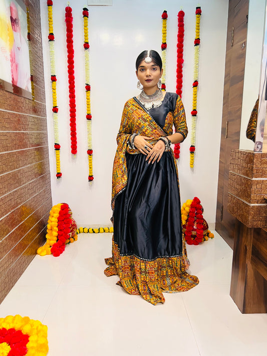 Navratri Special Black & Mustard Printed Chaniya Choli with Mirror Work