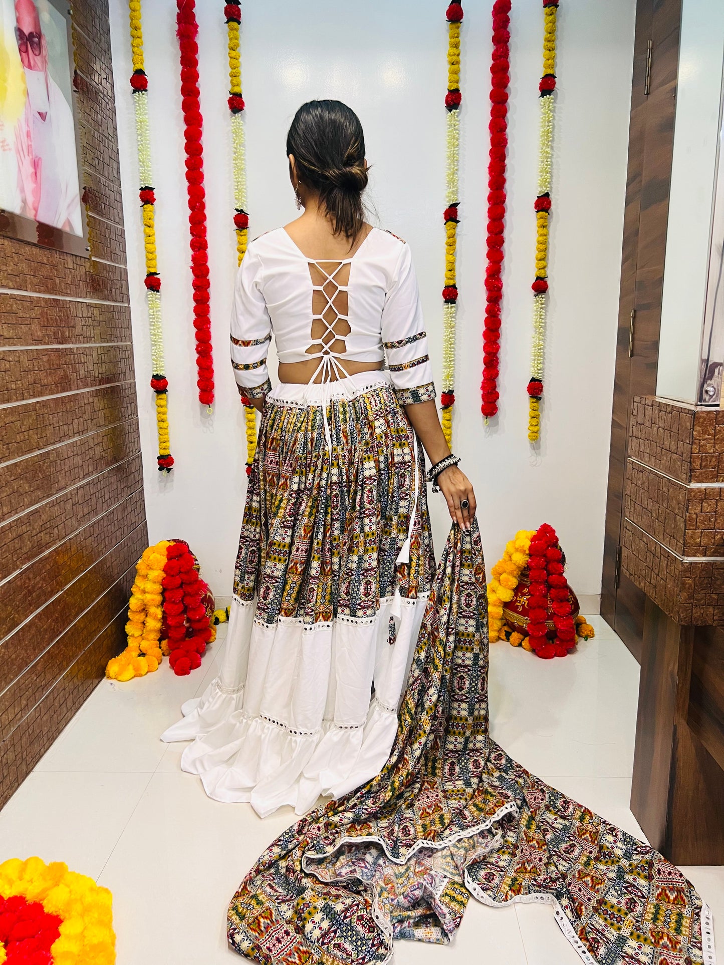 White & Multicolor Navratri Chaniya Choli with Printed Embroidery Design