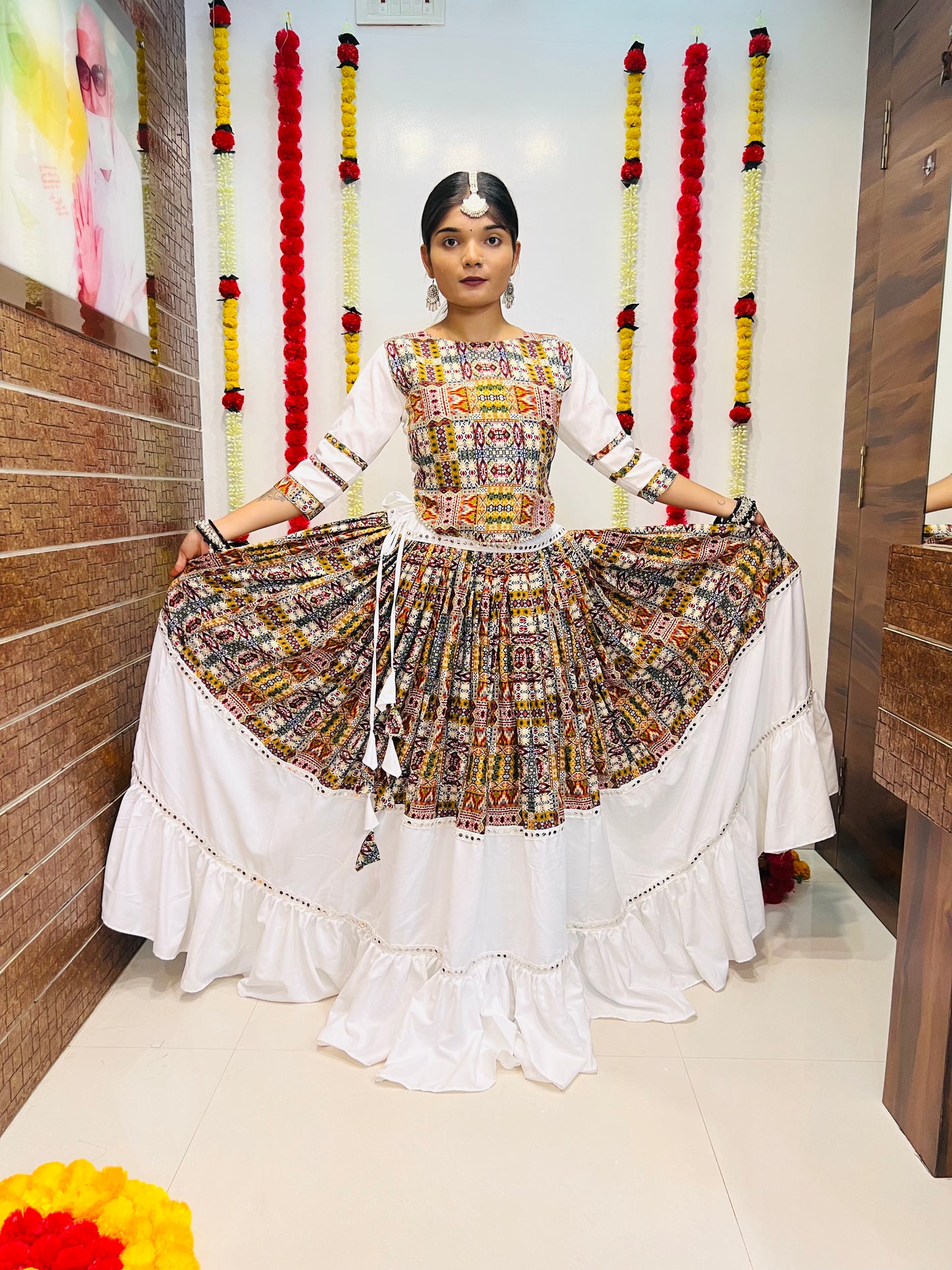 White & Multicolor Navratri Chaniya Choli with Printed Embroidery Design