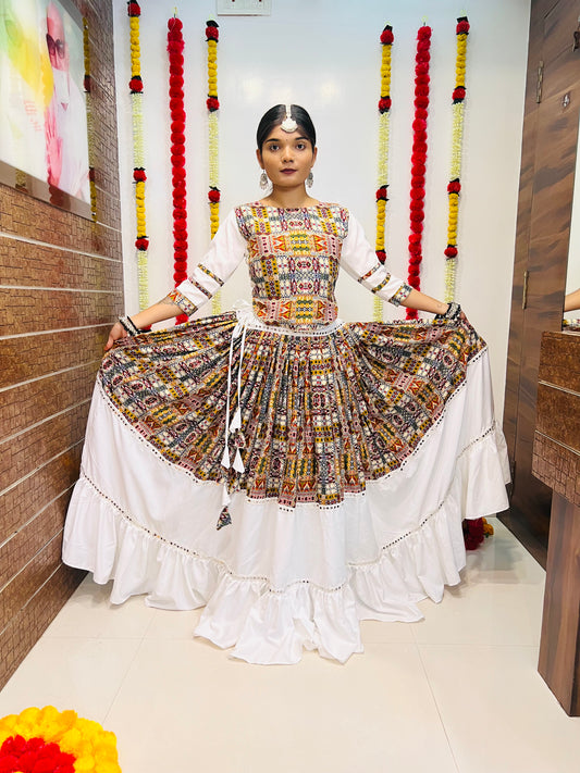 White & Multicolor Navratri Chaniya Choli with Printed Embroidery Design