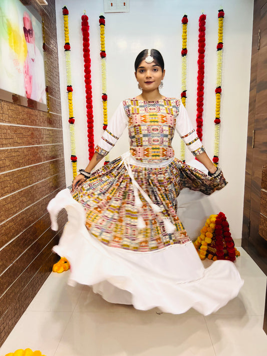 White & Multicolor Navratri Chaniya Choli with Printed Embroidery Design
