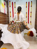 White Printed Silk Navratri Chaniya Choli with Mirror Lace Work – Premium Collection 2025
