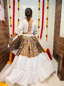White Printed Silk Navratri Chaniya Choli with Mirror Lace Work – Premium Collection 2025