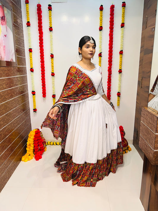 White Printed Navratri Chaniya Choli with Mirror Lace Work
