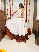 White Printed Navratri Chaniya Choli with Mirror Lace Work