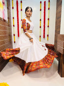 White Printed Navratri Chaniya Choli with Mirror Lace Work