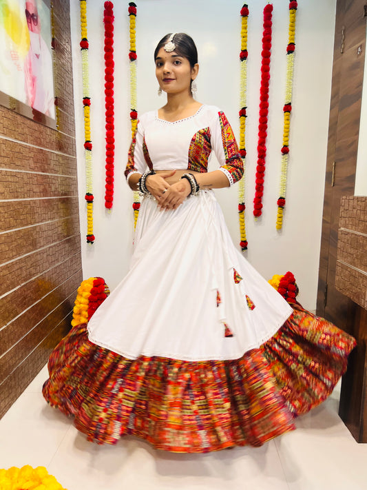 White Printed Navratri Chaniya Choli with Mirror Lace Work
