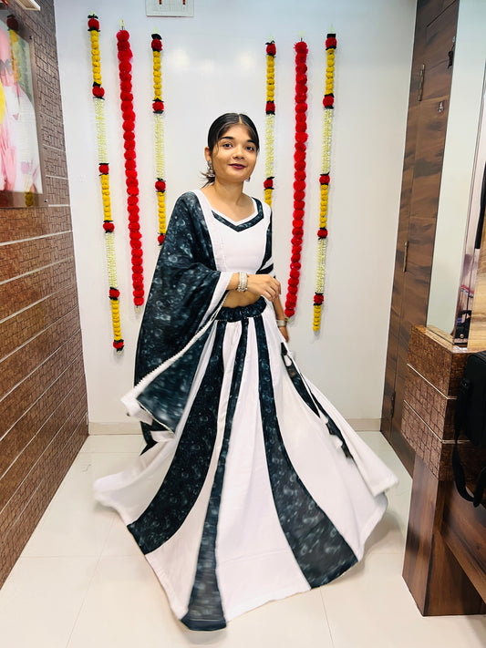 White & Dark Sky Printed Silk Navratri Chaniya Choli with Dupatta – Premium Collection 2025