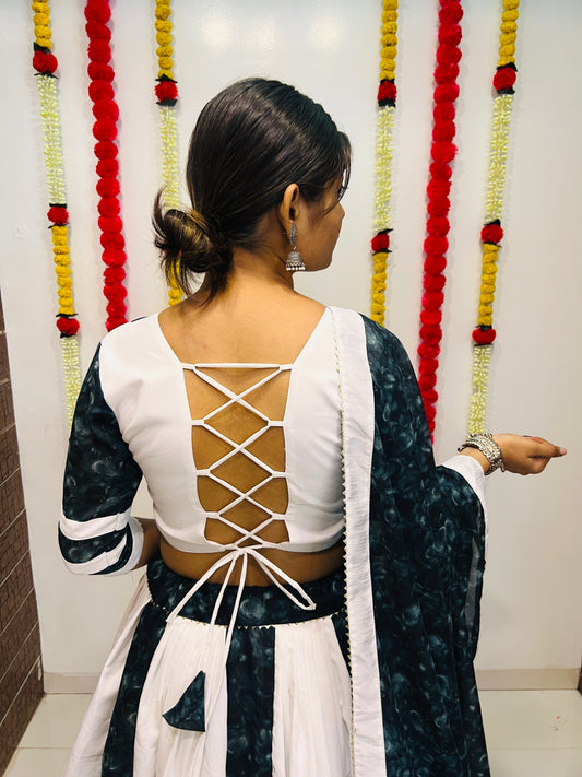 White & Dark Sky Printed Silk Navratri Chaniya Choli with Dupatta – Premium Collection 2025