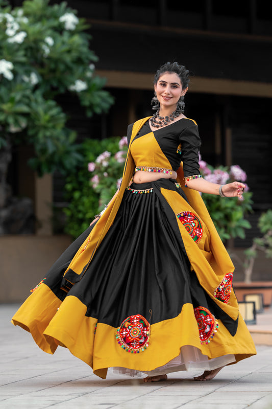 Navratri Special Black & Mustard Yellow Chaniya Choli with Mirror & Gamthi Embroidery