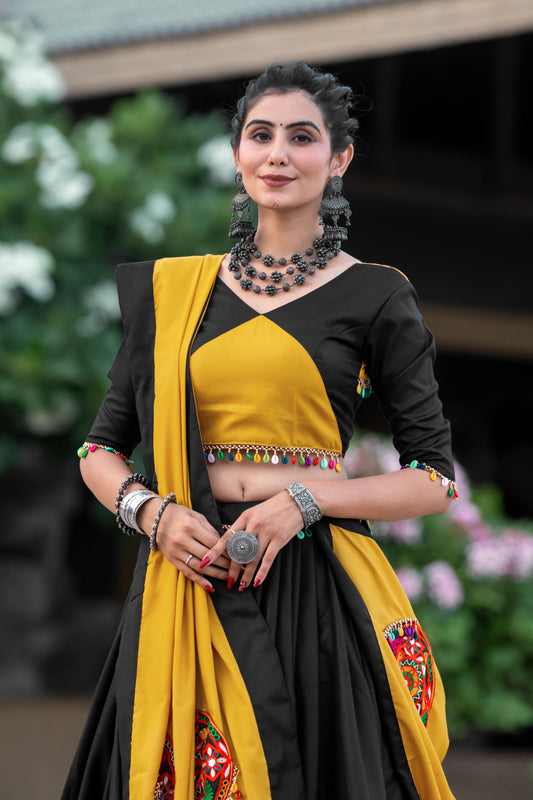 Navratri Special Black & Mustard Yellow Chaniya Choli with Mirror & Gamthi Embroidery