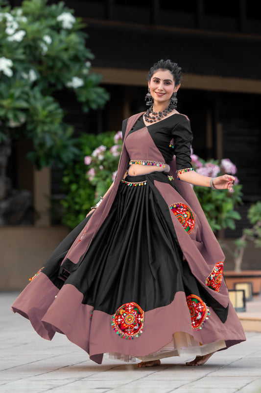 Navratri Special Black-Rosy Brown Gamthi Work Cotton Chaniya Choli