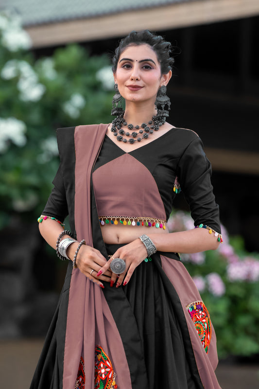 Navratri Special Black-Rosy Brown Gamthi Work Cotton Chaniya Choli