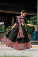 Navratri Special Black-Rosy Brown Gamthi Work Cotton Chaniya Choli