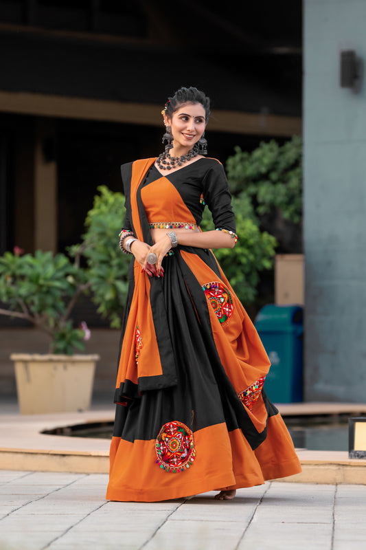 Black & Orange Cotton Navratri Chaniya Choli with Gamthi Embroidery