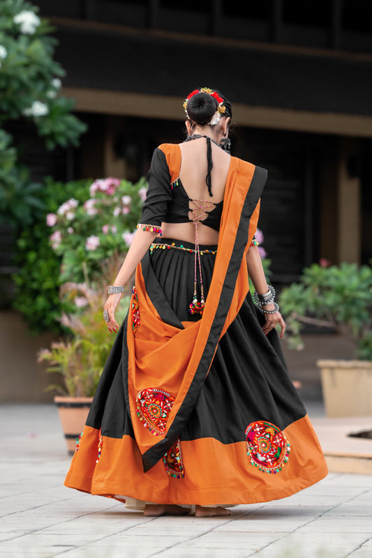 Black & Orange Cotton Navratri Chaniya Choli with Gamthi Embroidery