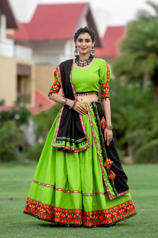 Neon Green Gamthi Work Navratri Chaniya Choli with Black Dupatta