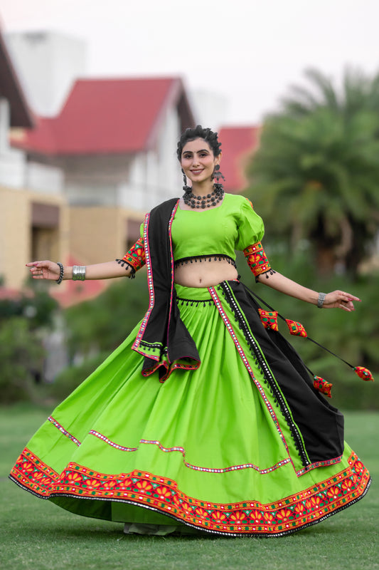 Neon Green Gamthi Work Navratri Chaniya Choli with Black Dupatta