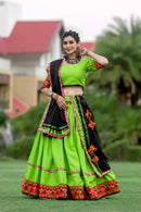 Neon Green Gamthi Work Navratri Chaniya Choli with Black Dupatta