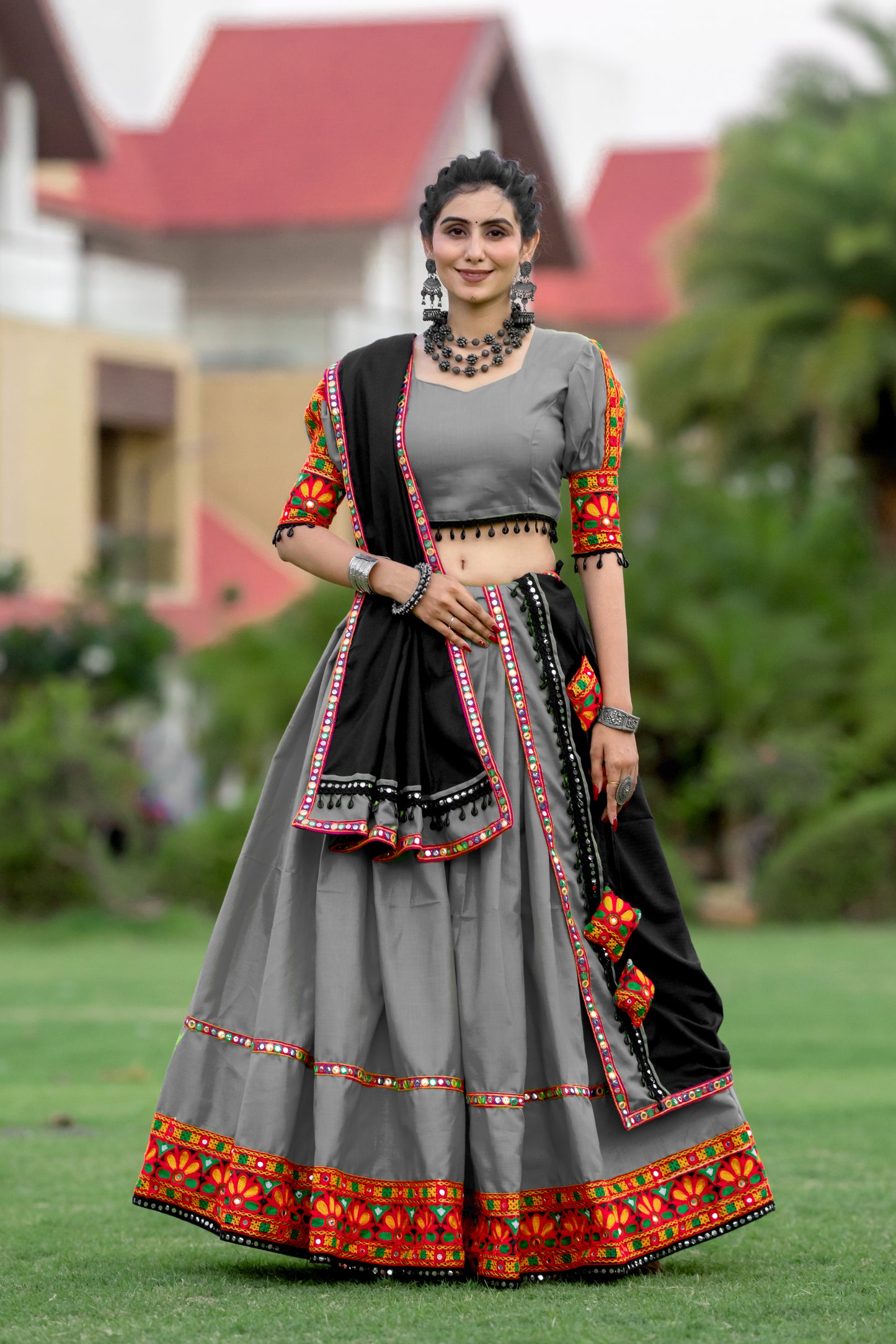 Rajwadi Grey Gamthi Mirror Work Navratri Chaniya Choli Set