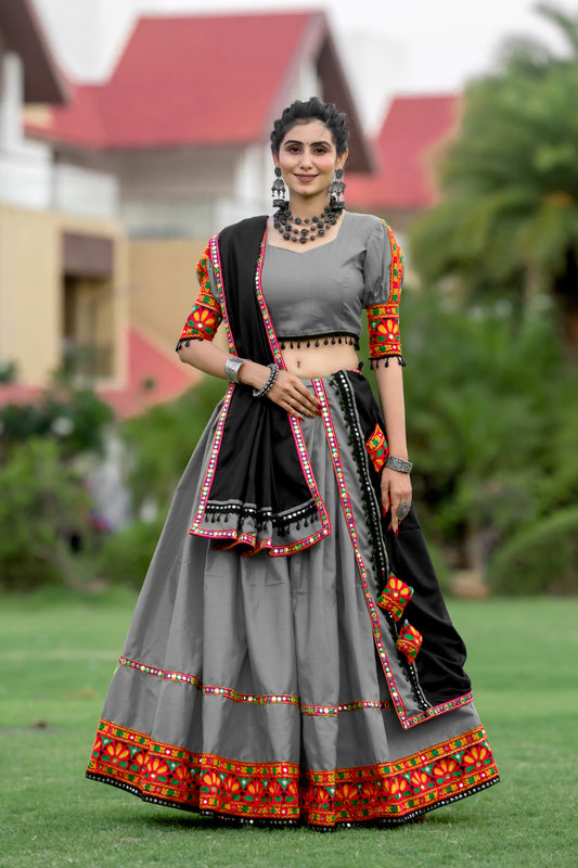 Rajwadi Grey Gamthi Mirror Work Navratri Chaniya Choli Set