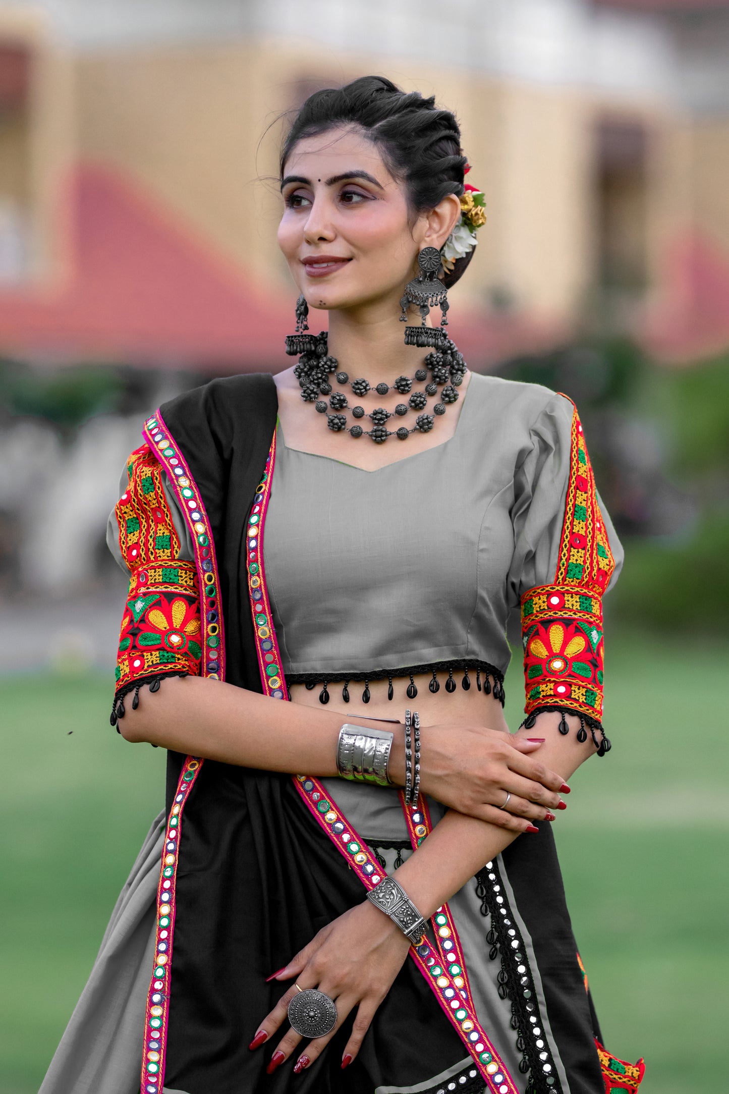 Rajwadi Grey Gamthi Mirror Work Navratri Chaniya Choli Set