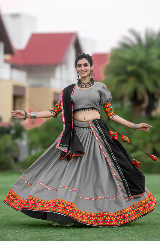 Rajwadi Grey Gamthi Mirror Work Navratri Chaniya Choli Set