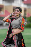 Rajwadi Grey Gamthi Mirror Work Navratri Chaniya Choli Set