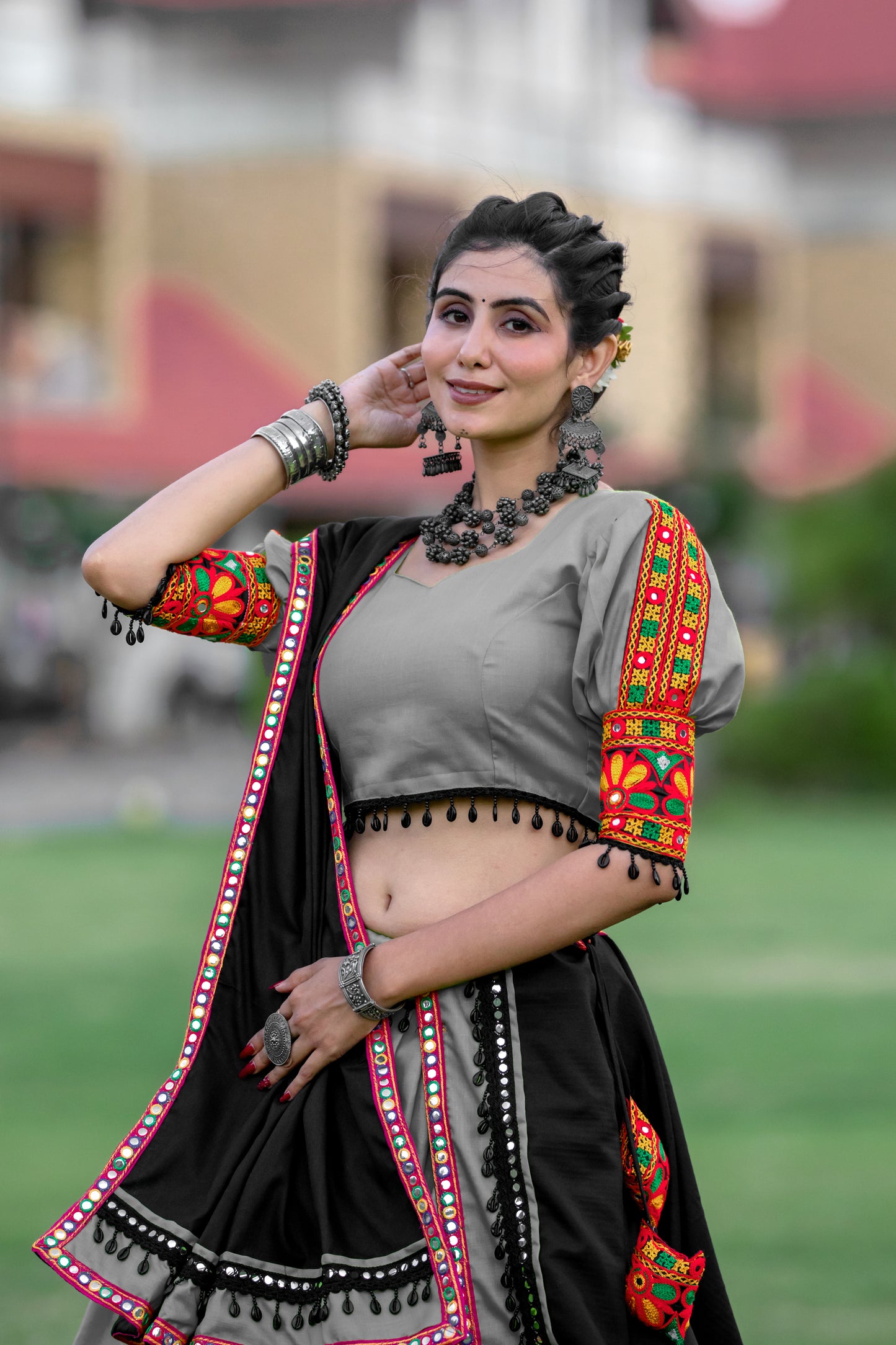 Rajwadi Grey Gamthi Mirror Work Navratri Chaniya Choli Set