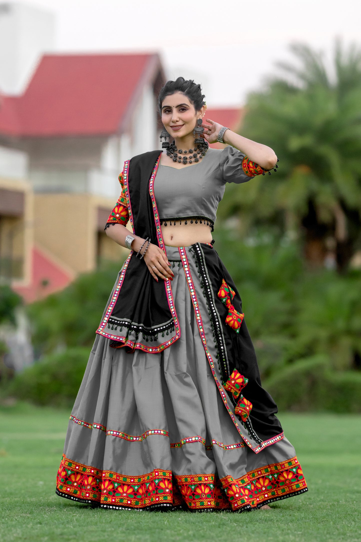Rajwadi Grey Gamthi Mirror Work Navratri Chaniya Choli Set
