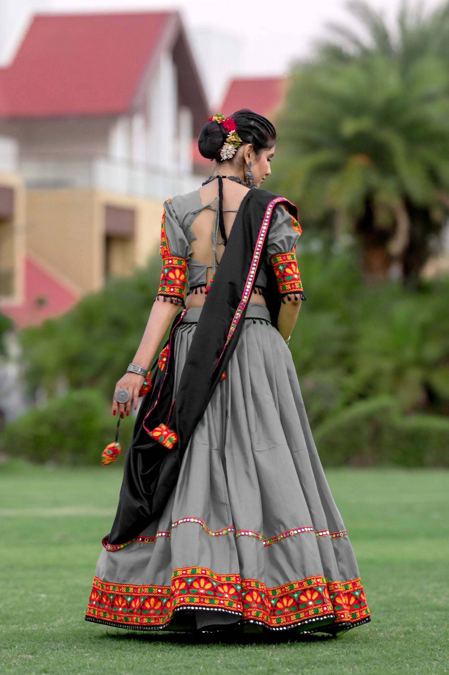 Rajwadi Grey Gamthi Mirror Work Navratri Chaniya Choli Set
