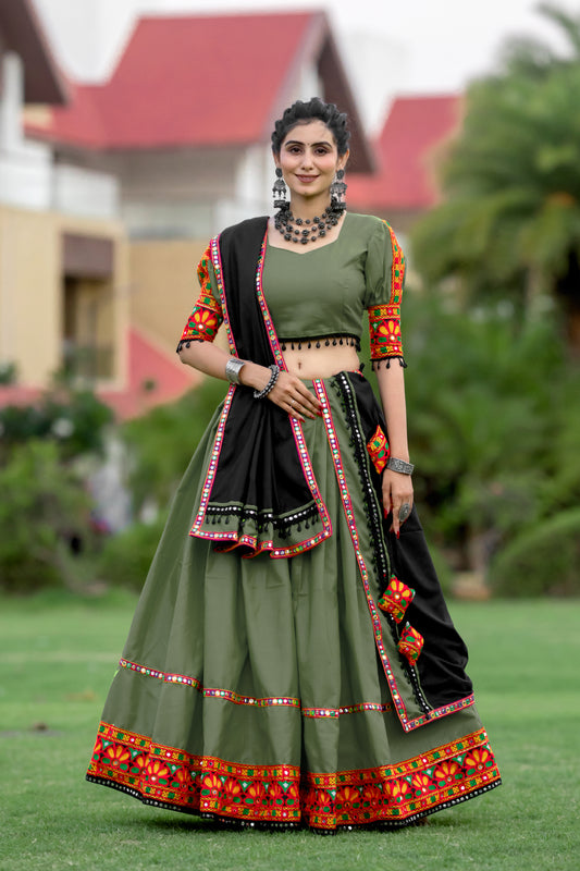 Rajwadi Olive Green Navratri Chaniya Choli with Gamthi & Mirror Work