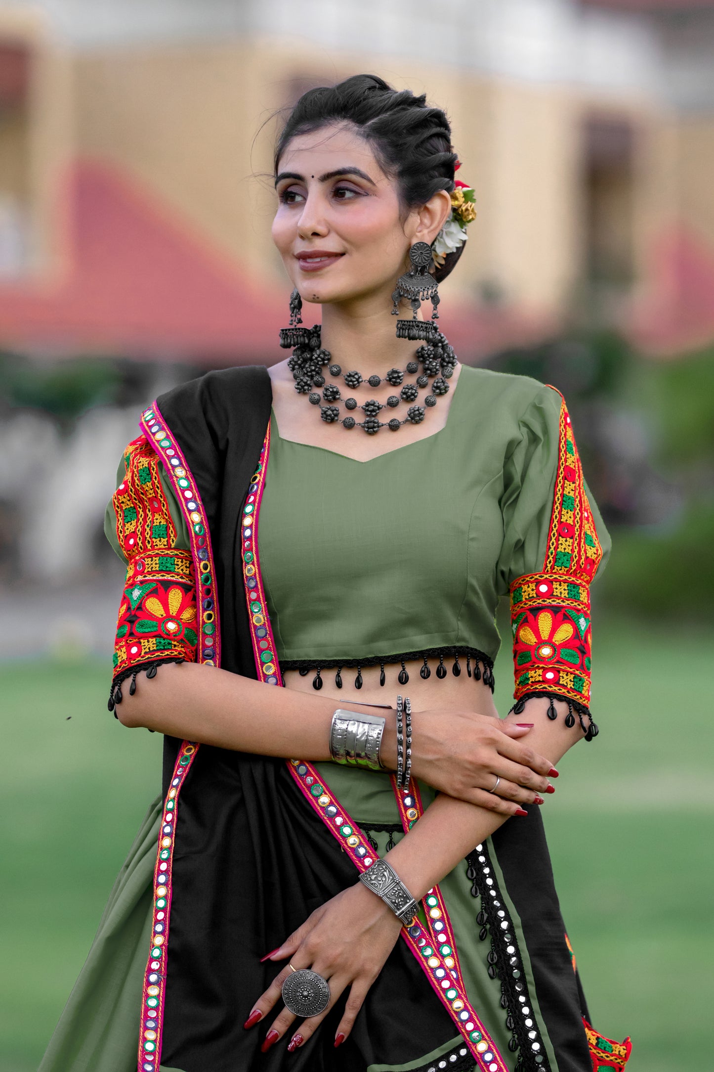 Rajwadi Olive Green Navratri Chaniya Choli with Gamthi & Mirror Work