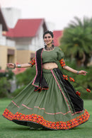 Rajwadi Olive Green Navratri Chaniya Choli with Gamthi & Mirror Work