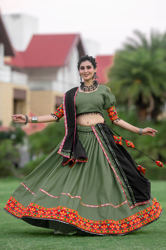 Rajwadi Olive Green Navratri Chaniya Choli with Gamthi & Mirror Work