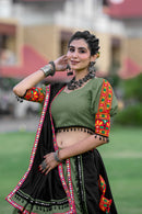 Rajwadi Olive Green Navratri Chaniya Choli with Gamthi & Mirror Work