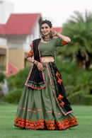 Rajwadi Olive Green Navratri Chaniya Choli with Gamthi & Mirror Work