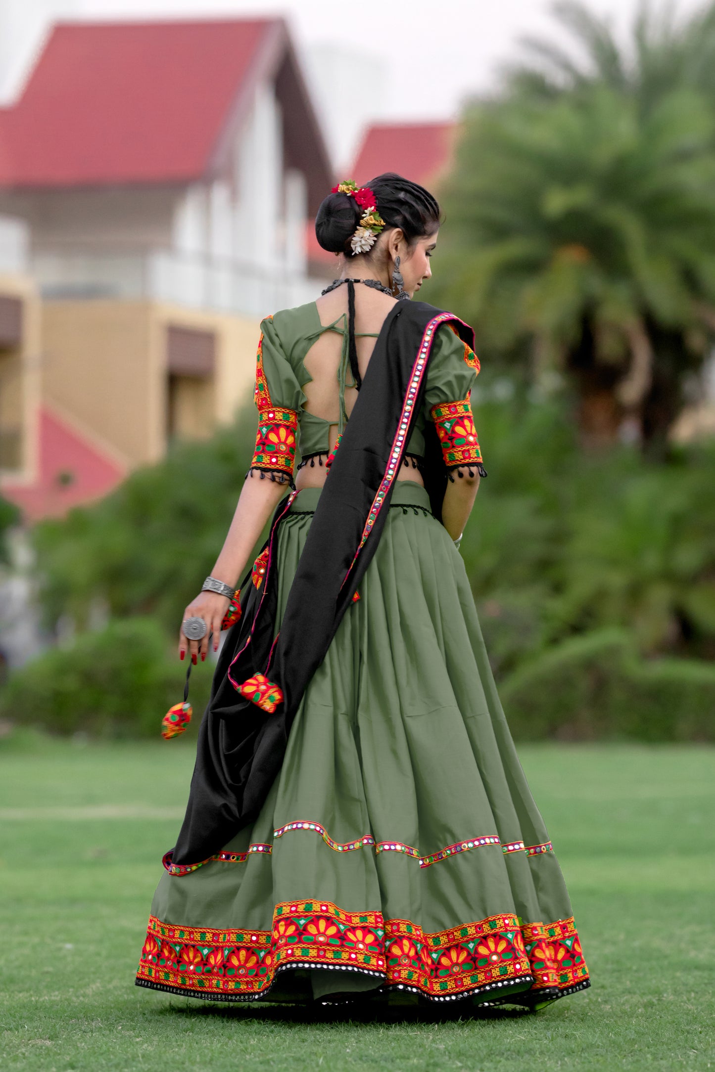 Rajwadi Olive Green Navratri Chaniya Choli with Gamthi & Mirror Work