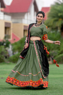 Rajwadi Olive Green Navratri Chaniya Choli with Gamthi & Mirror Work