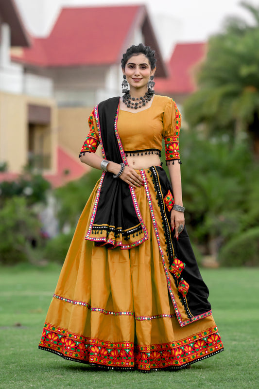 Rajwadi Mustard Yellow Gamthi Work Navratri Chaniya Choli