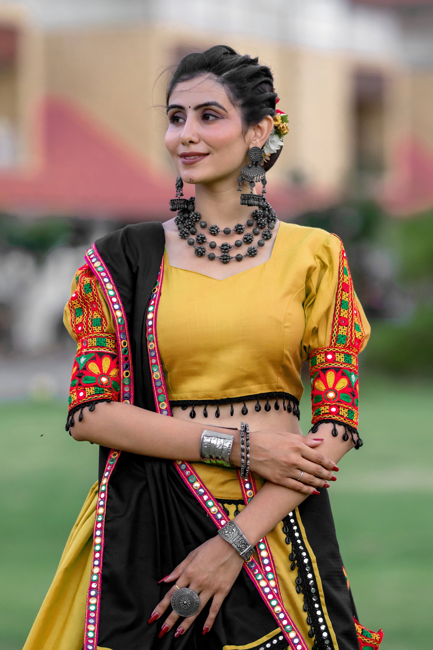 Rajwadi Mustard Yellow Gamthi Work Navratri Chaniya Choli