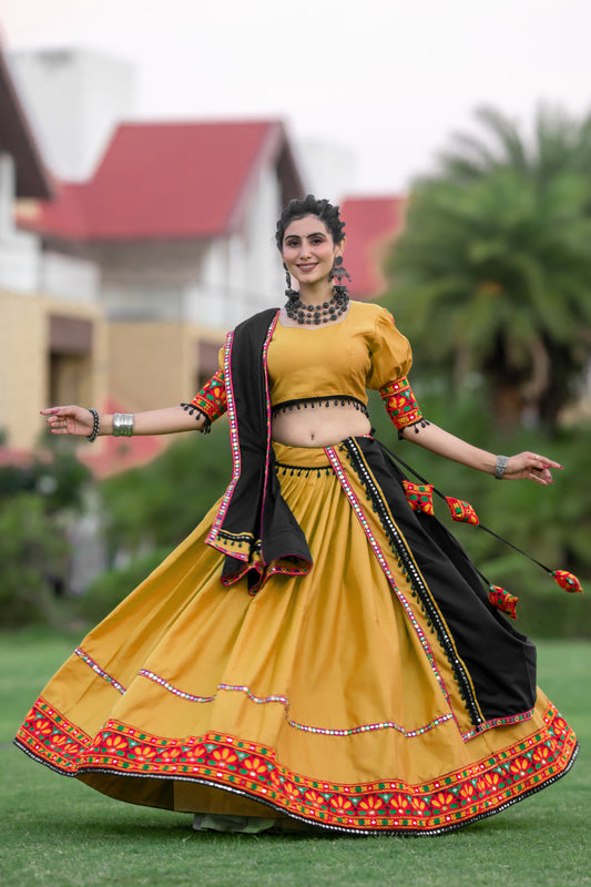 Rajwadi Mustard Yellow Gamthi Work Navratri Chaniya Choli