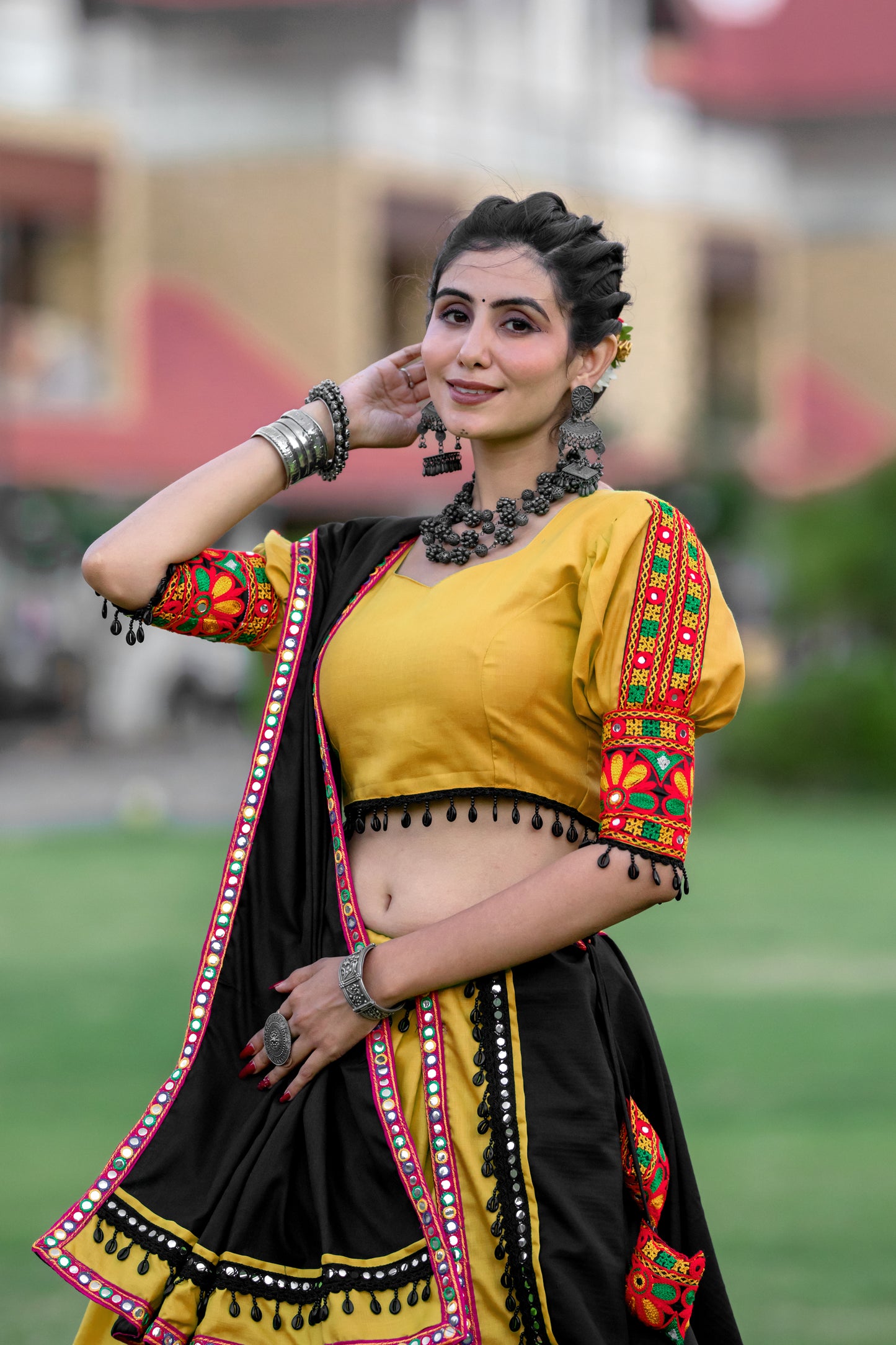 Rajwadi Mustard Yellow Gamthi Work Navratri Chaniya Choli