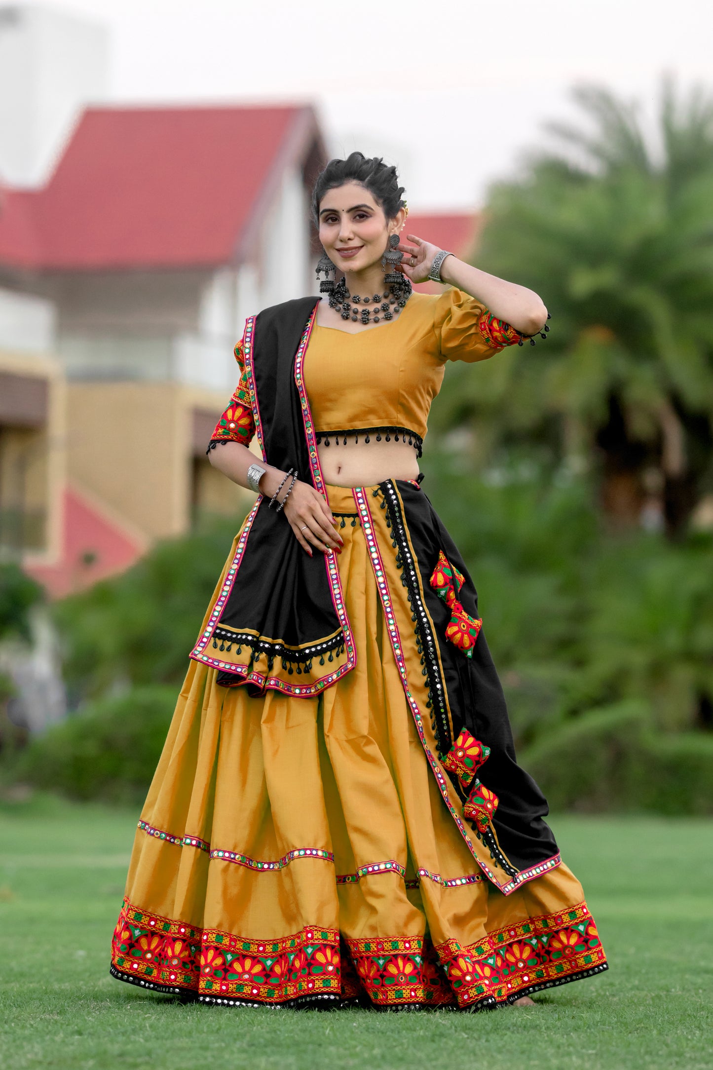 Rajwadi Mustard Yellow Gamthi Work Navratri Chaniya Choli