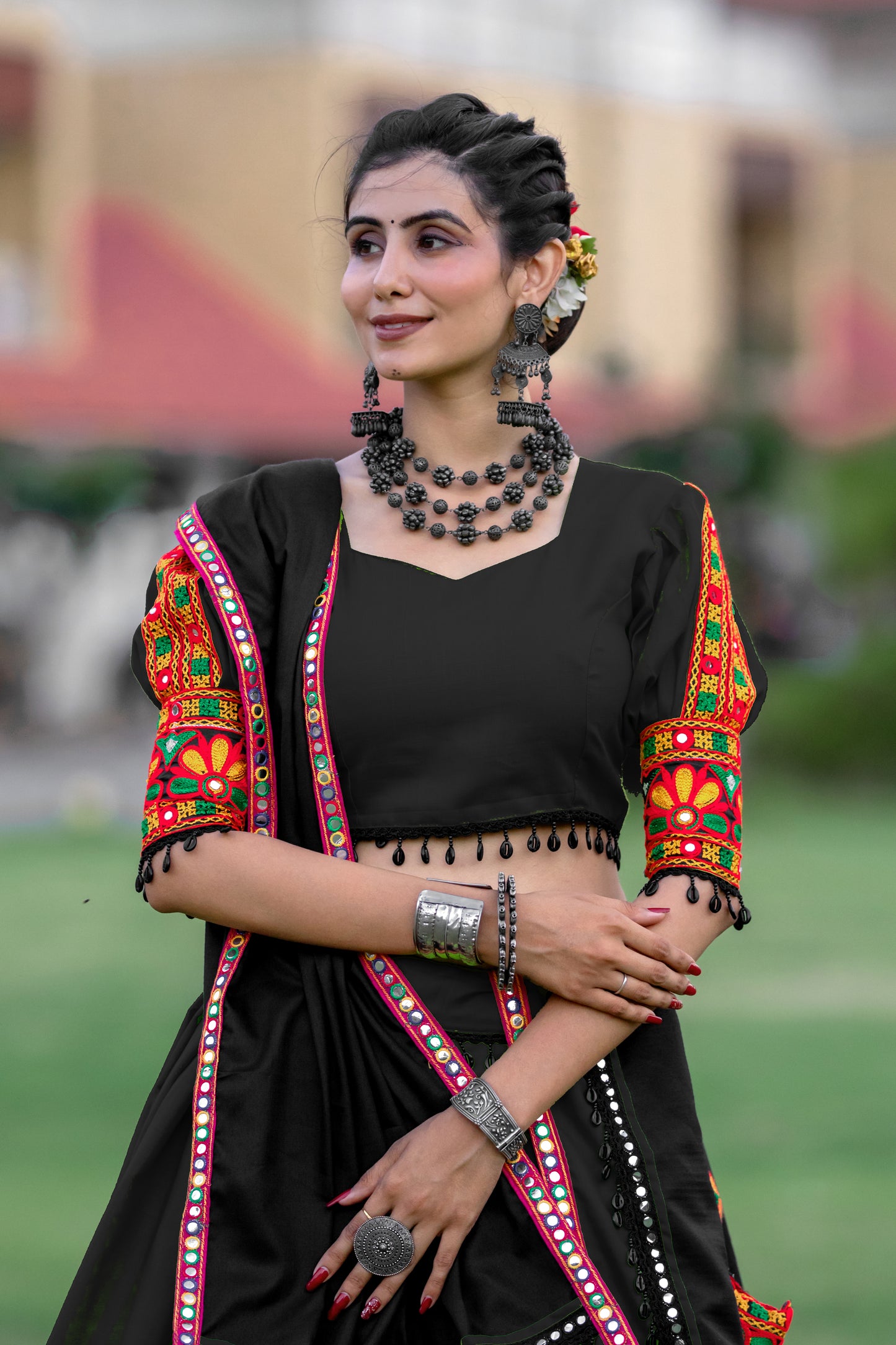 Black Rajwadi Gamthi Embroidered Navratri Chaniya Choli