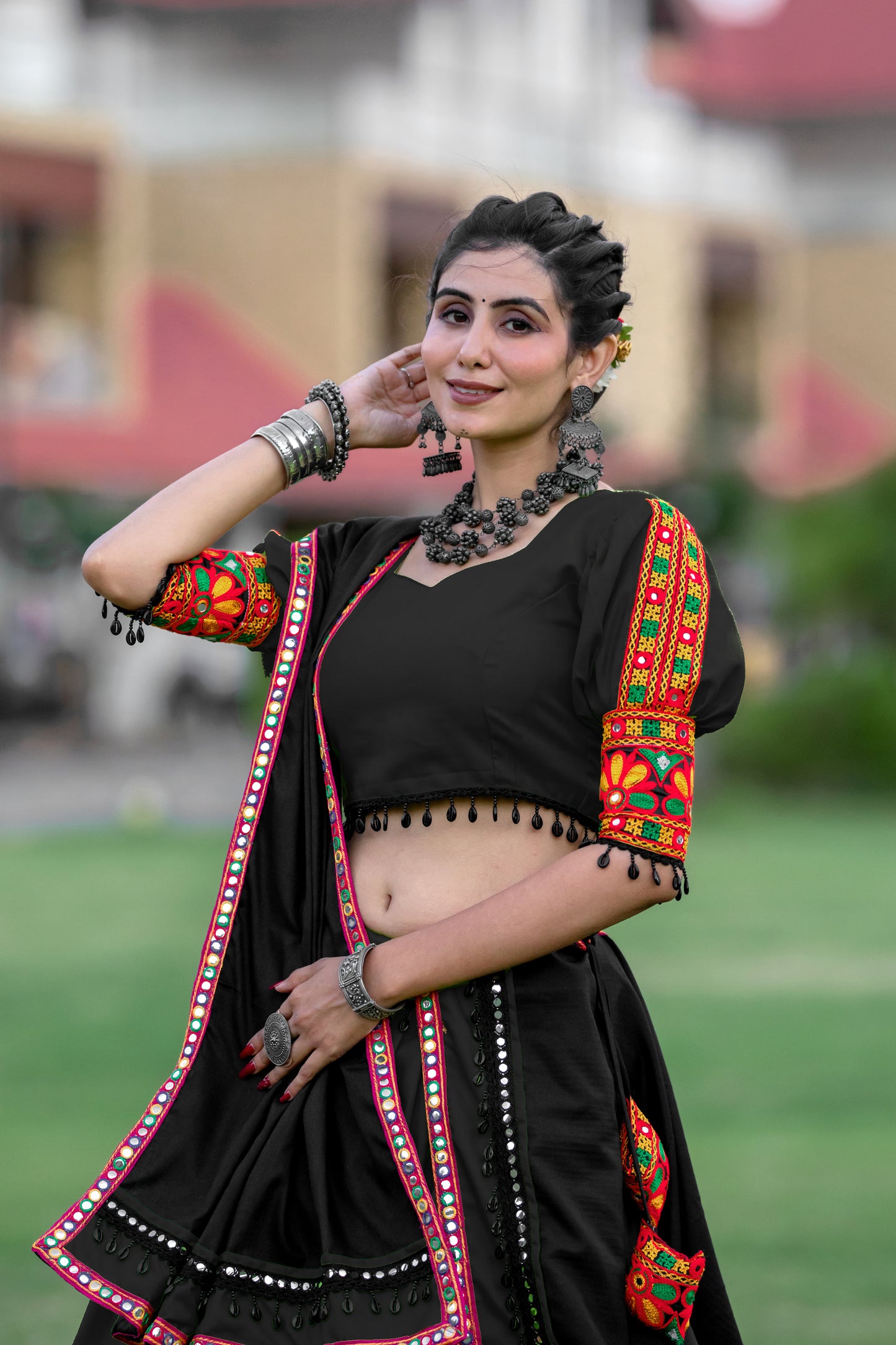 Black Rajwadi Gamthi Embroidered Navratri Chaniya Choli
