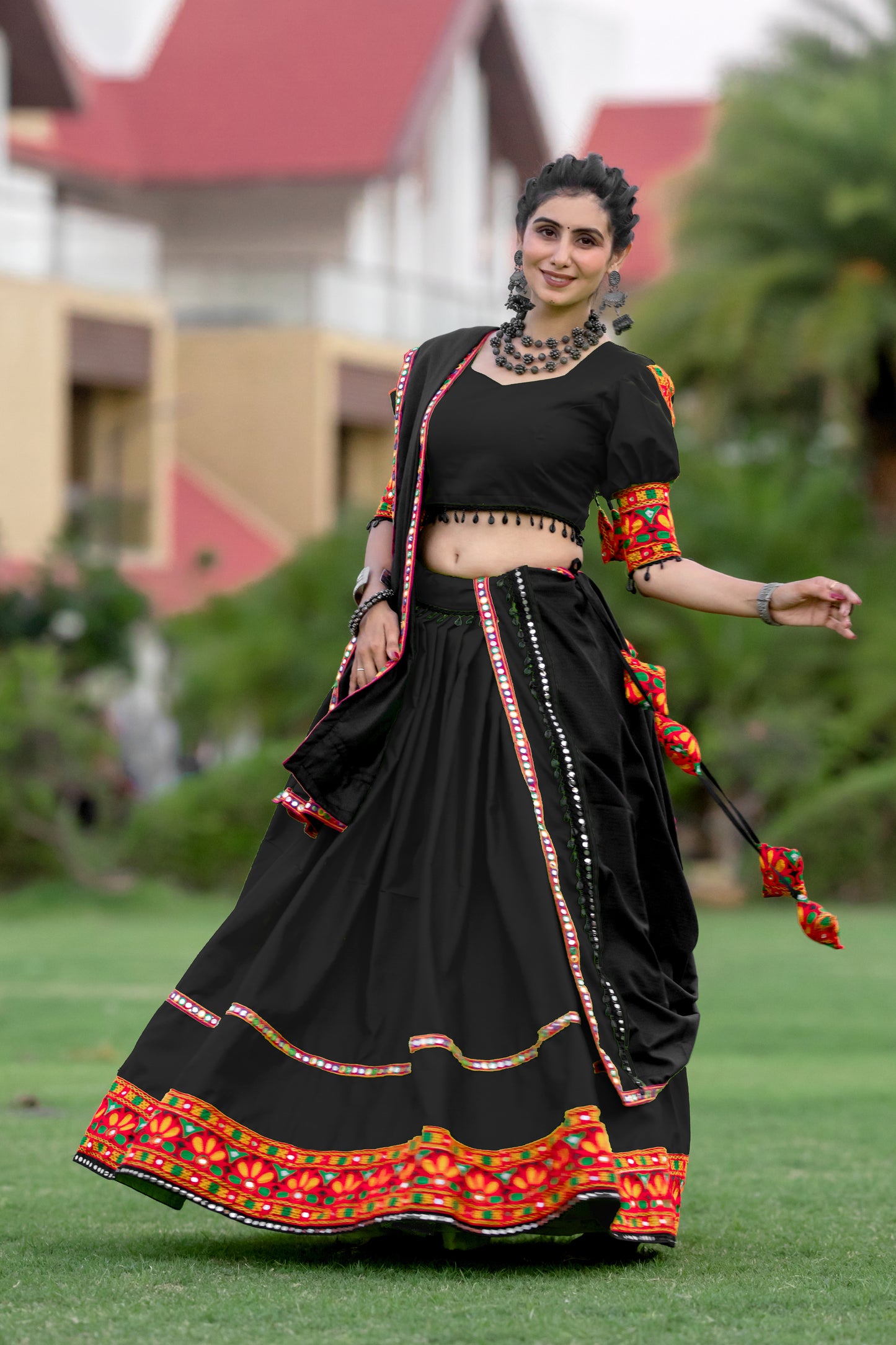 Black Rajwadi Gamthi Embroidered Navratri Chaniya Choli
