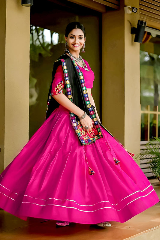Rani Pink Cotton Navratri Chaniya Choli with Black Dupatta & Gamthi Mirror Work